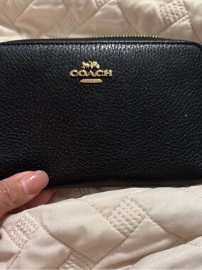 Coach Black Pebbled Leather Zip-Around Wallet with Gold Logo